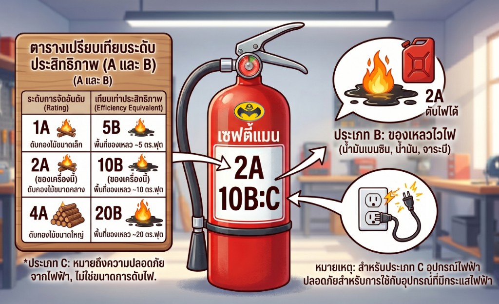 อินโฟกราฟิกอธิบาย Fire Rating 2A 10B:C บนถังดับเพลิงผงเคมีแห้ง ABC เซฟตี้แมน